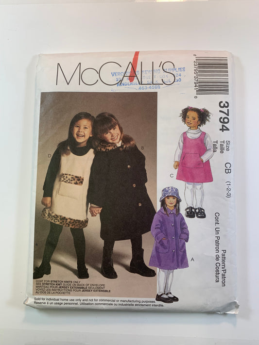 McCall's 3794 Toddlers' Children's, Girls' Coats, Jumpers, Hat-Coats, Hat, Size 1-3, Cut, 2002