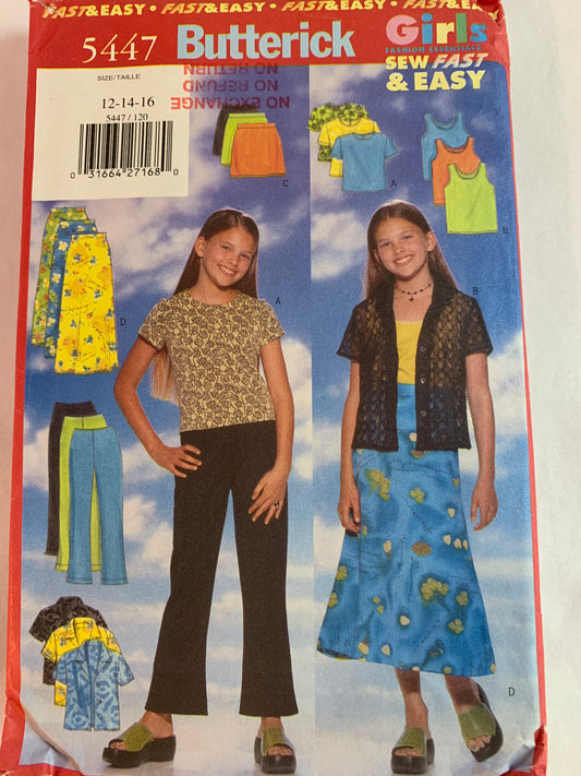 Butterick Sewing Pattern 5447 Girls' Shirt, Top, Skirt, Pants, Loose-Fitting, Short Sleeves, Elastic Waist, Sleeveless, Pullover, Pockets, Size 12-16, Cut, Vintage 1988