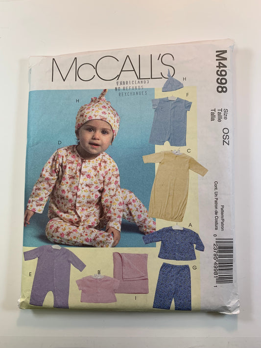 McCall's M998 Infants' Jacket, Top, Gown, Romper, Jumpsuit, Pants, Hat, Blanket, Size S-XL, Cut, 2005