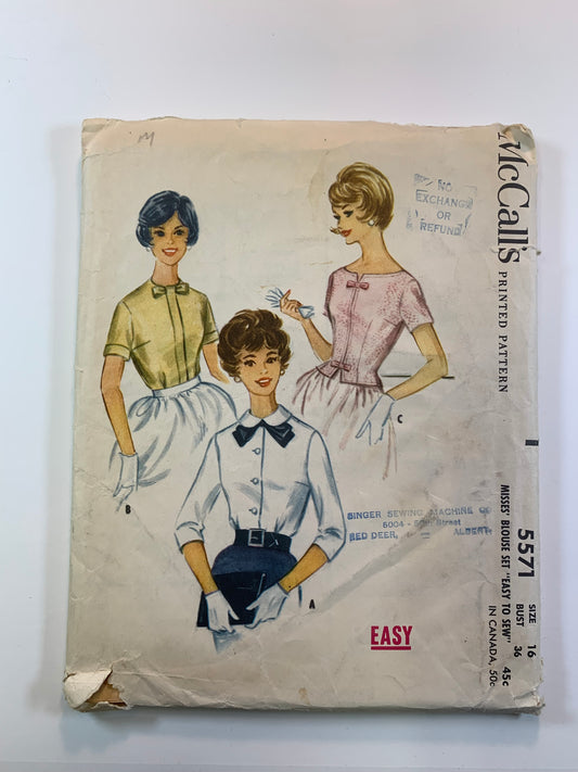 McCall's 5571 Misses' Blouse, Size 16, Cut, Vintage 1960