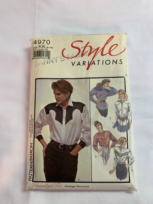 Style Sewing Pattern 4970 Misses' Shirts, Button Front, 5 Variations, Western Wear, Long Sleeves, Collar, Loose-Fitting, Shirt Tail, Size 8-14, Cut, Vintage 1986