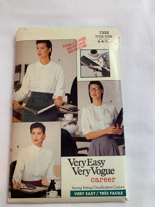 Vogue Sewing Pattern 7332 Misses'/Misses' Petite Blouse, Top, Fitted, Long/Short Sleeves, Shoulder Pads, 3 Variations, Pleats, Cut, Size 6-10, Vintage 1988