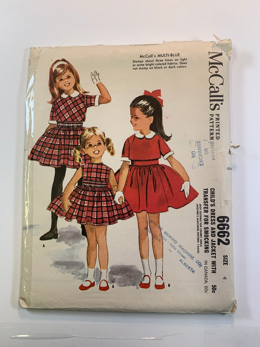McCall's 6662 Girls' Dress, Jacket, Size 4, Cut, Vintage 1962