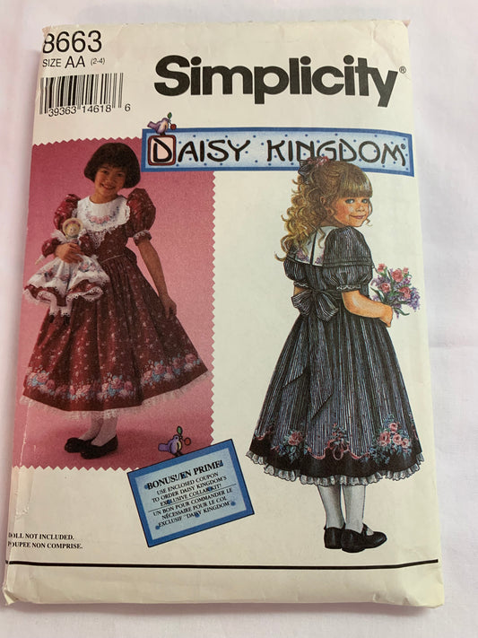 Simplicity Daisy Kingdom Sewing Pattern 8663 Girls' Dress, Tie Back, Zipper Back, Collar, Short Sleeves, Petticoat, Size 2-4, Cut, Vintage 1993