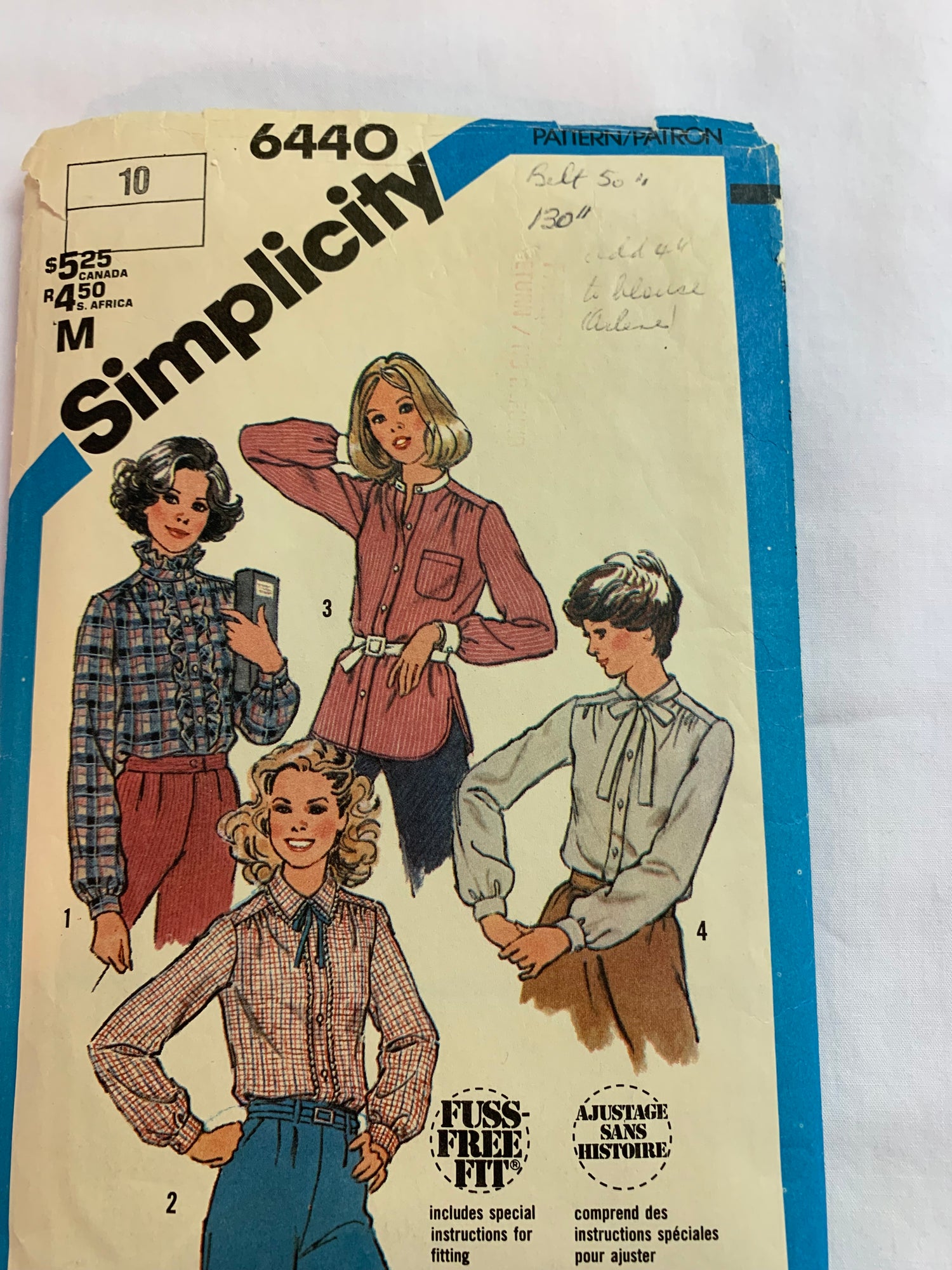 Simplicity Sewing Pattern 6440 Misses' Blouses, Shirts, Button Front, Long Sleeves, Collar, Tie Front, 4 Variations, Size 10, Cut, Vintage 1983