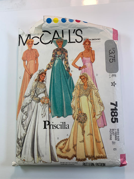 McCall's 7185 Misses' Bridal, Bridesmaid, Wedding Gowns, Size 8, Cut, Vintage 1980