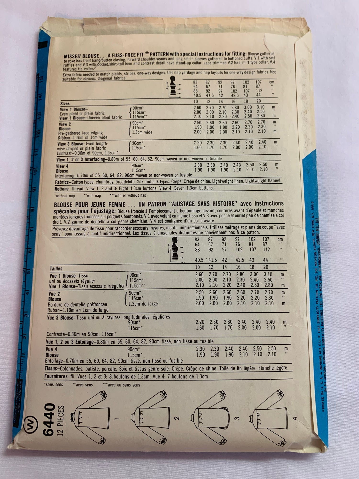 Simplicity Sewing Pattern 6440 Misses' Blouses, Shirts, Button Front, Long Sleeves, Collar, Tie Front, 4 Variations, Size 10, Cut, Vintage 1983