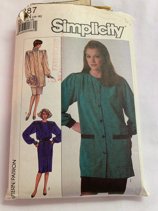 Simplicity Sewing Pattern 8287 Misses' Dress, Tunic, Skirt, Button Front, Collar, Pockets, Elastic Waist, Long Sleeves, Size 10, Cut, Vintage 1987