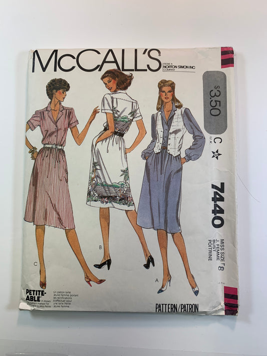 McCall's 7440 Misses' Dress, Vest, Size 8, Cut, Vintage 1981