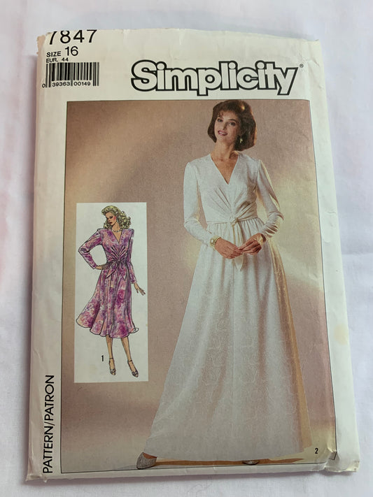 Simplicity Sewing Pattern 7847 Misses' Dress, Semi-Fitted, Two Lengths, Zipper Back, Pleats, Long Sleeves, 2 Variations, Size 16, Cut, Vintage 1986