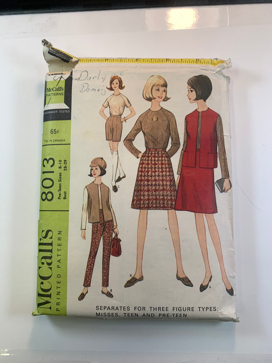 McCall's Sewing Patterns 8013 Misses' Jacket, Blouse, Skirt, Pants, Shorts, Long/Short Sleeves, Pockets, Zipper Back, Size 8, Cut, Vintage 1965