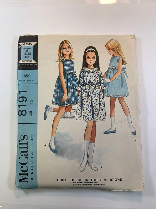 McCall's 8191 Girls' Dresses, Size 12, Cut, Vintage 1968