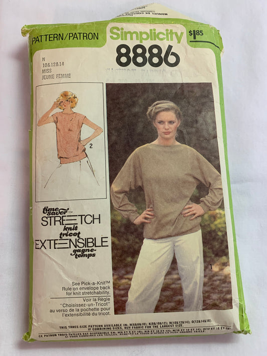 Simplicity Sewing Pattern 8886 Misses' Pullover Top, Stretch Knits Only, Long/Short Sleeves, Size 10-14, Cut, Vintage 1979