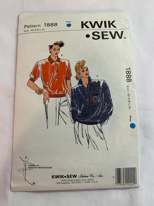 KWIK Sewing Pattern 1888 Misses' Tops, Pullover, Long/Short Sleeves, Collar, Cuffs, Pocket, Size 31-45, Cut, Vintage 1989