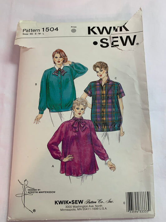 KWIK Sewing Pattern 1504 Misses' Maternity Tops, Pullover, Long/Short Sleeves, Collar, Cuffs, Size 31-38, Cut, Vintage 1985