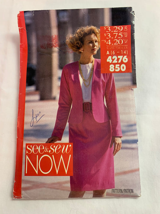 Butterick Sewing Pattern See & Sew 4276 Misses' Jacket, Top, Skirt, Loose-Fitting, Shoulder Pads, Pullover, Long Sleeves, Elastic Waist, Size 6-14, Cut, Vintage 1989