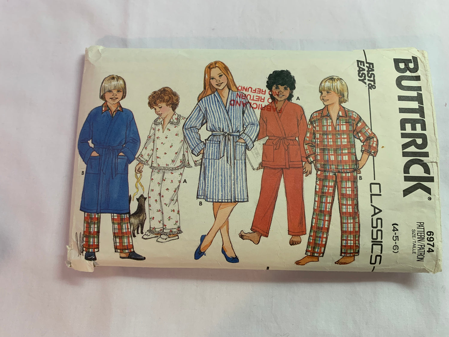 Butterick Sewing Pattern 6974 Girls'/Boys' Pajamas, Top, Pants, Pull-On, Pullover, Long Sleeves, Robe, Housecoat, Pockets, Size 4-5, Cut, Vintage 1998