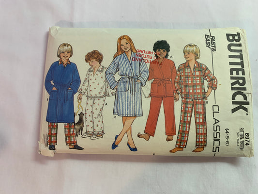 Butterick Sewing Pattern 6974 Girls'/Boys' Pajamas, Top, Pants, Pull-On, Pullover, Long Sleeves, Robe, Housecoat, Pockets, Size 4-5, Cut, Vintage 1998