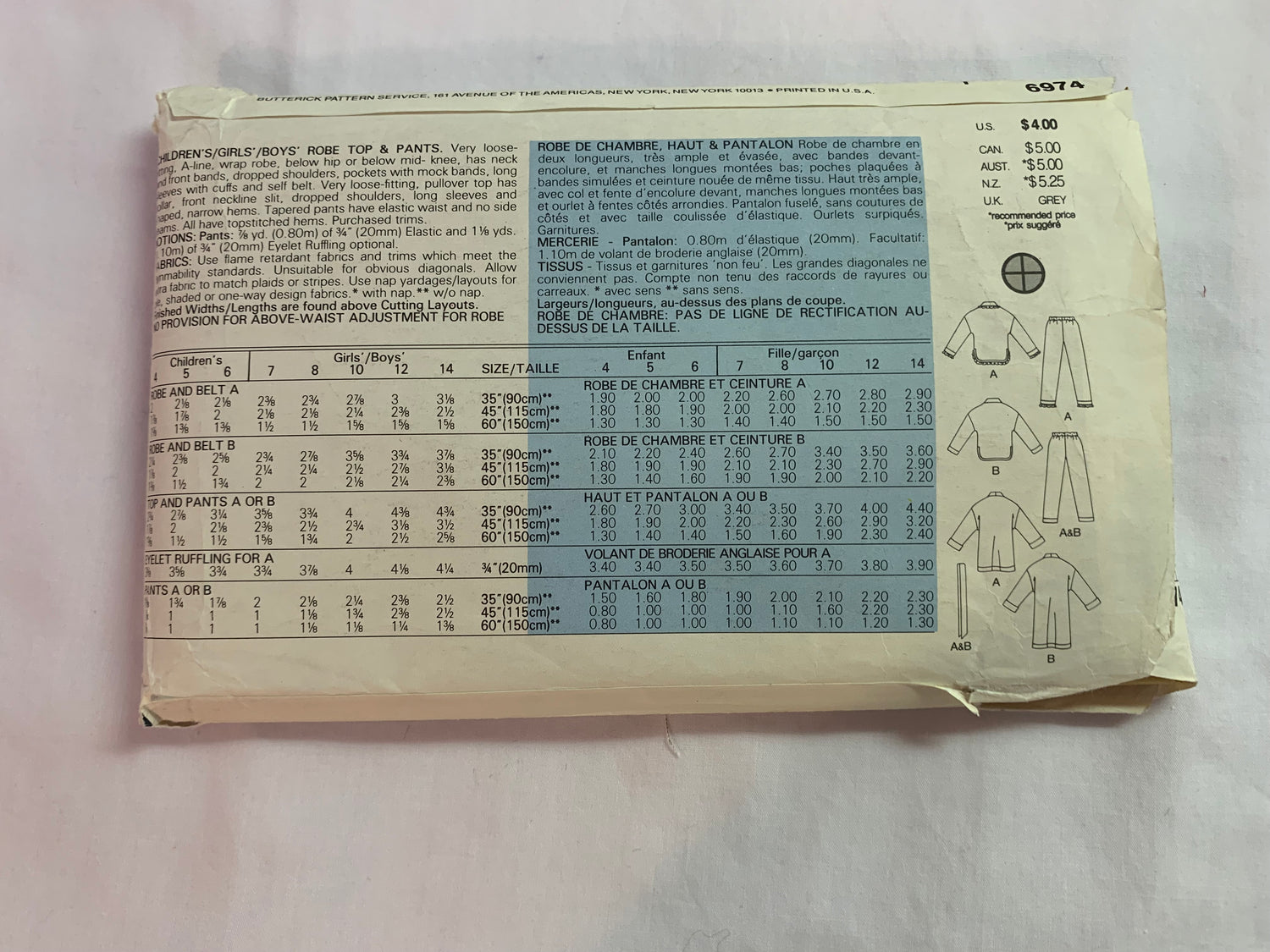 Butterick Sewing Pattern 6974 Girls'/Boys' Pajamas, Top, Pants, Pull-On, Pullover, Long Sleeves, Robe, Housecoat, Pockets, Size 4-5, Cut, Vintage 1998