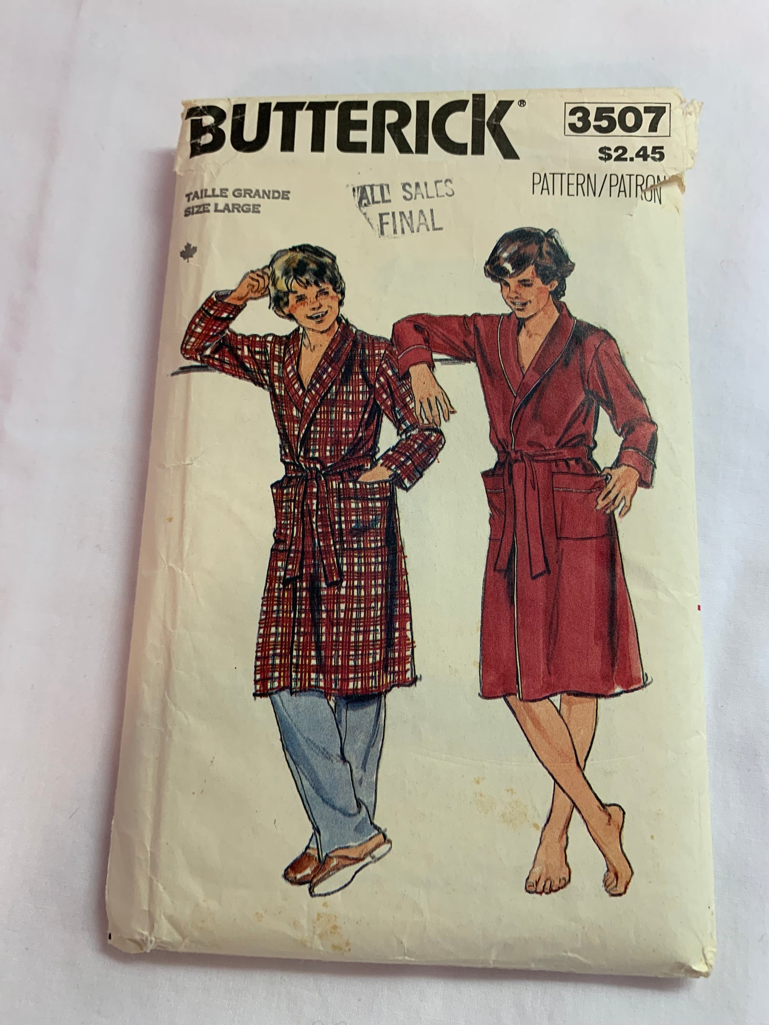Butterick Sewing Pattern 3507 Boys' Robe, Housecoat, Tie Belt, Pockets, Wrap Front, Loose-Fitting, Size 30" Chest, Cut, Vintage 1998