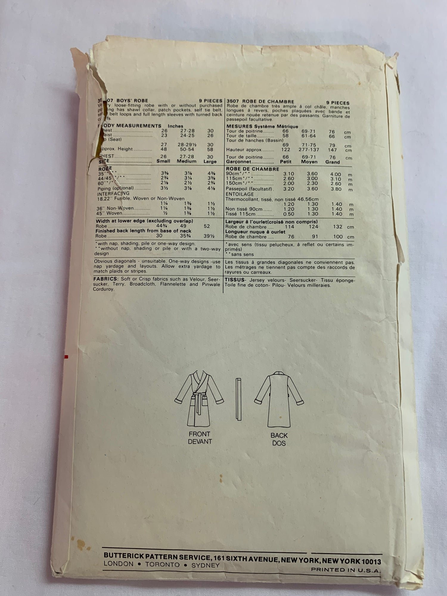 Butterick Sewing Pattern 3507 Boys' Robe, Housecoat, Tie Belt, Pockets, Wrap Front, Loose-Fitting, Size 30" Chest, Cut, Vintage 1998