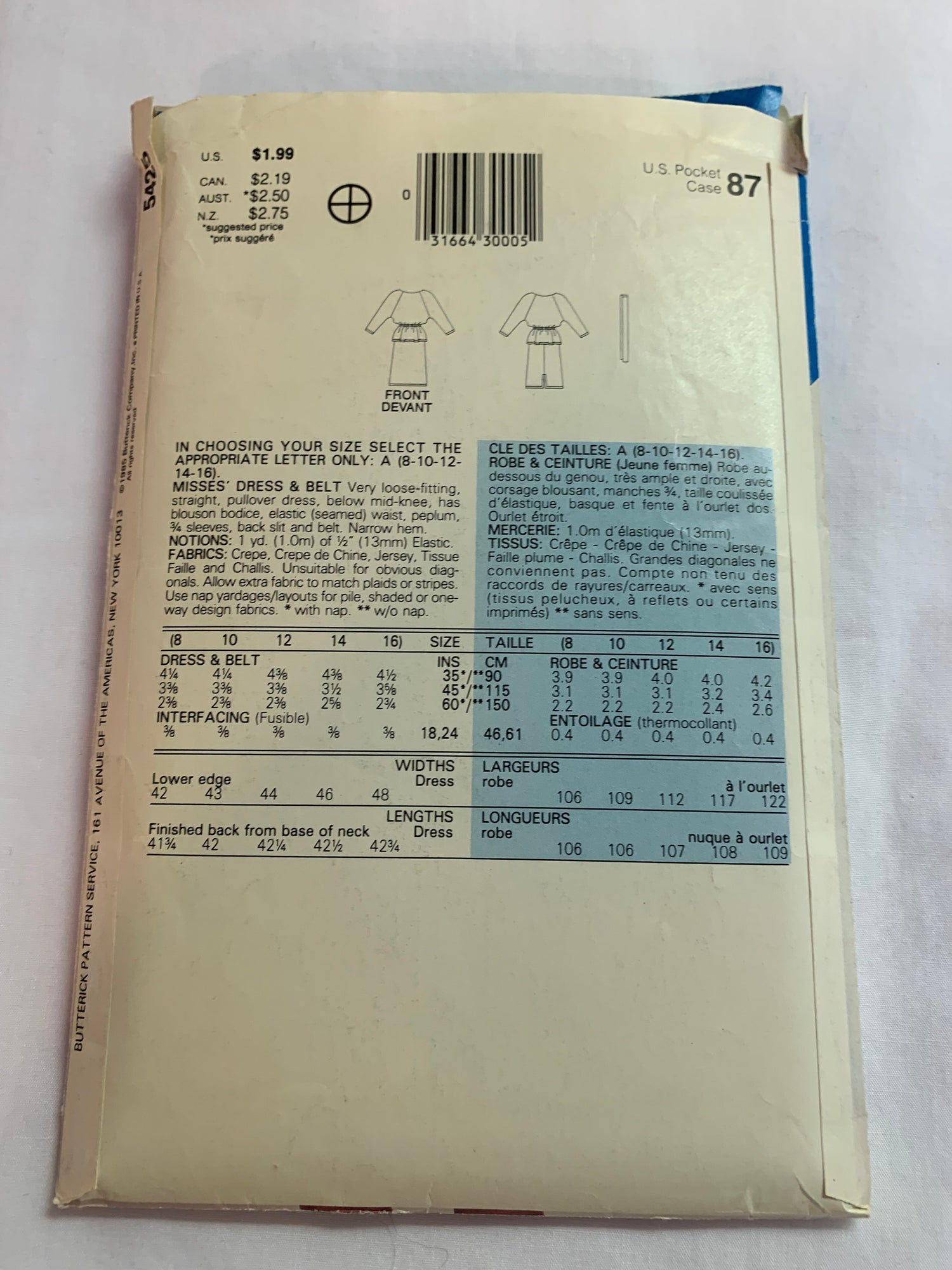 Butterick Sewing Pattern 5425 Misses' Dress, Belt, Long Sleeves, Pullover, Elastic Waist, Size 8-14, Cut, Vintage 1985