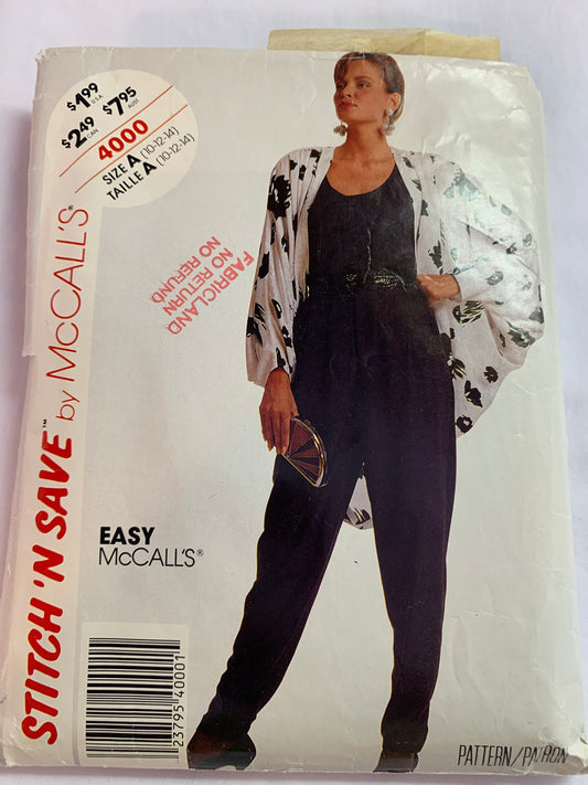 McCall's Stitch N Save Sewing Pattern 4000 Misses' Unlined Jacket, Top, Pull-On Tapered Pants, Shoulder Pads, Sleeveless, Elastic Waist, Pockets, Size 10-14, Cut, Vintage 1988