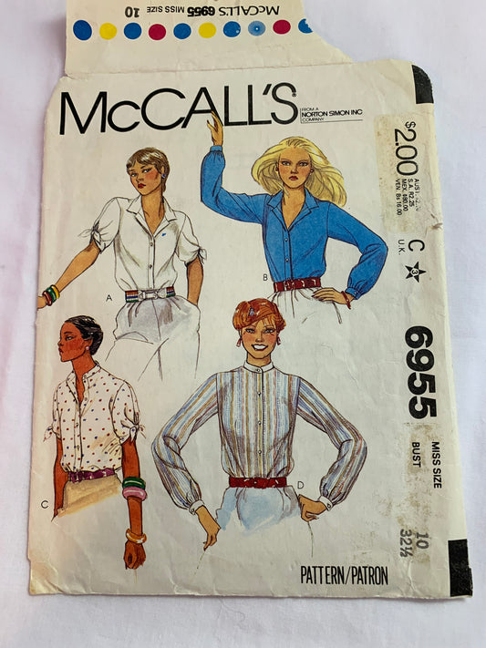 McCall's Sewing Pattern 6955 Misses' Blouses, Tops, Long/Short Sleeves, 4 Variations, Collar, Button Front, Size 10, Cut, Vintage 1980