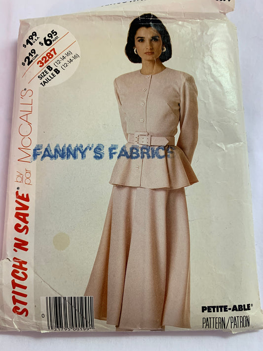 McCall's Sewing Pattern Stitch 'n Save 3287 Misses' Top, Skirt, Long Sleeves, Zipper Back, Shoulder Pads, Flared, Button Front, Size 12-16, Cut, Vintage 1987