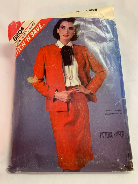 McCall's Sewing Pattern Stitch 'n Save 8804 Misses' Jacket, Skirt, Lined, Shoulder Pads, Pockets, Side Zipper, Size 12-14, Cut, Vintage 1983