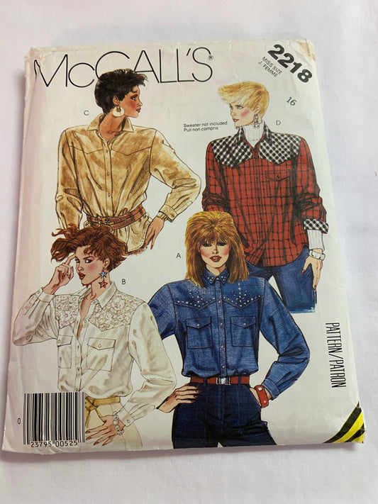 McCall's Sewing Pattern 2218 Misses' Western Blouse, Long Sleeves, Shirts, Button Front, Collar, Ruffles, Pockets, Size 16, Cut, Vintage 1985