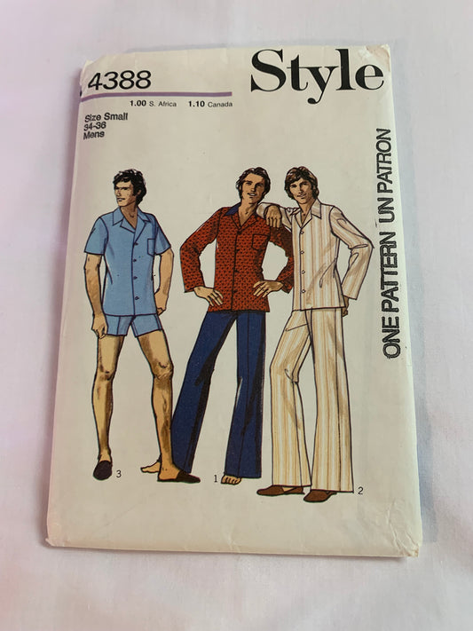 Style Sewing Pattern 4388 Men's Pajamas, Top, Pants, Shorts, Two Lengths, Long/Short Sleeves, Collar, Fly Front, Size 34-36, Uncut, Vintage 1973