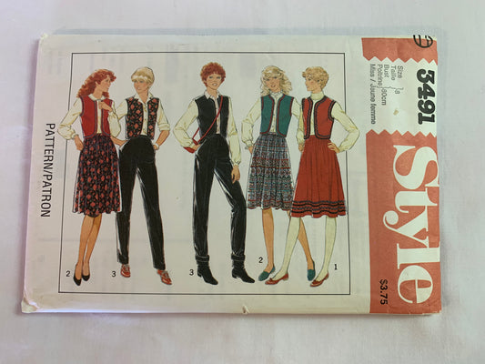 Style Sewing Pattern 3491 Misses' Lined Waistcoat, Skirt, Trousers, Zipper Back, Pockets, Sleeveless, Size 8, Cut, Vintage 1981