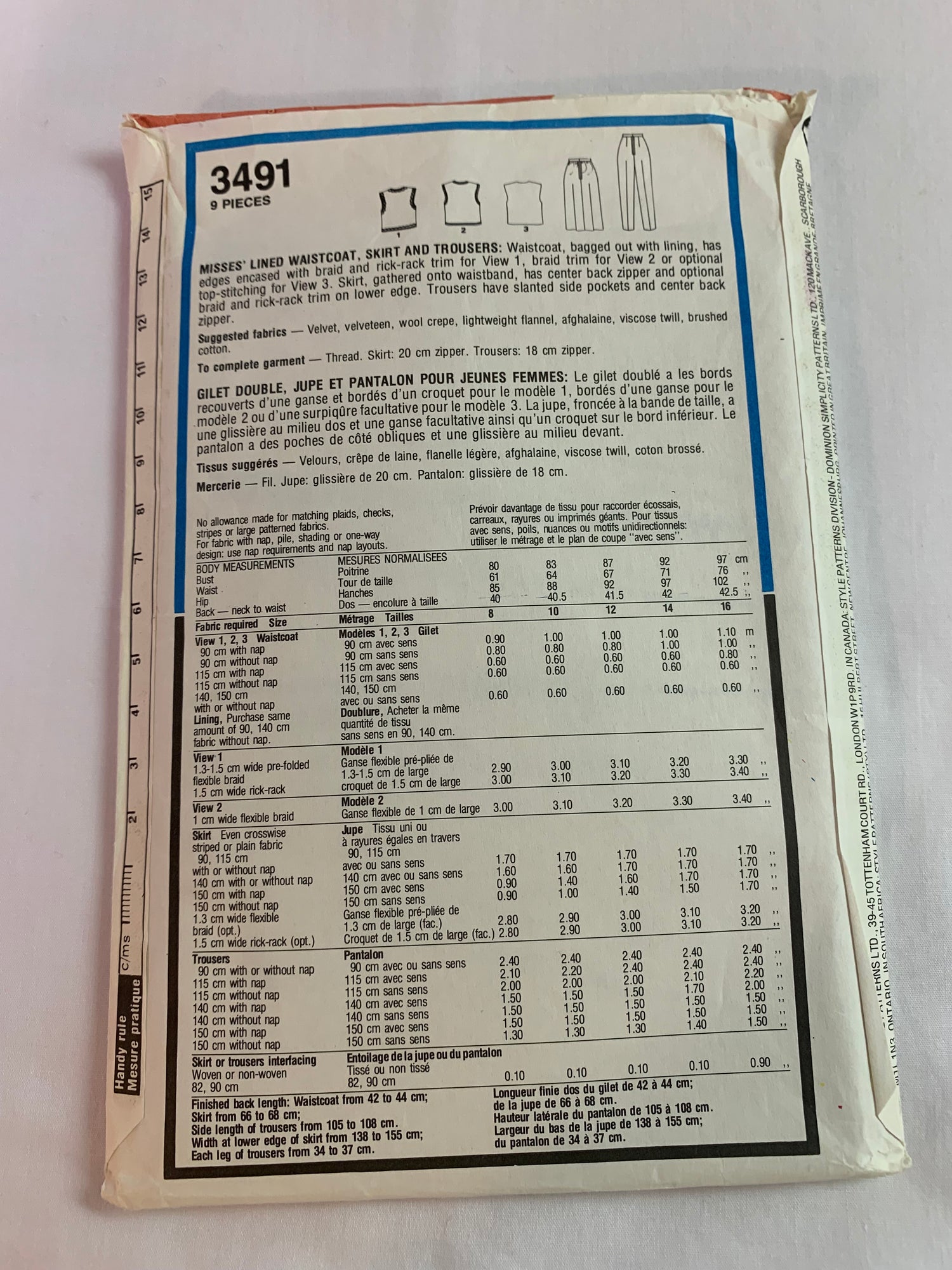 Style Sewing Pattern 3491 Misses' Lined Waistcoat, Skirt, Trousers, Zipper Back, Pockets, Sleeveless, Size 8, Cut, Vintage 1981