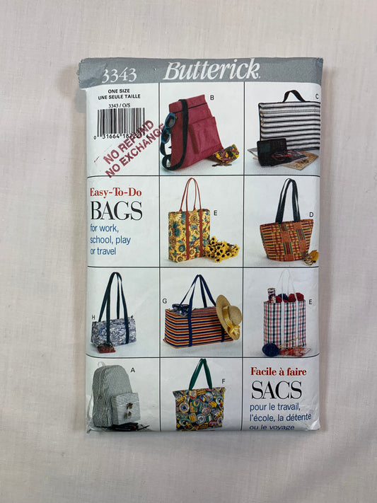Butterick Sewing Pattern 3343 Crafts, Fashion Bags, Backpack, Briefcase. Bag, Tote, Grocery, Gym, Picnic, Cut, Vintage 1994