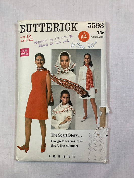 Butterick 5593 Misses' Dress, Scarf, Size 18-22, Uncut, Vintage 1970's