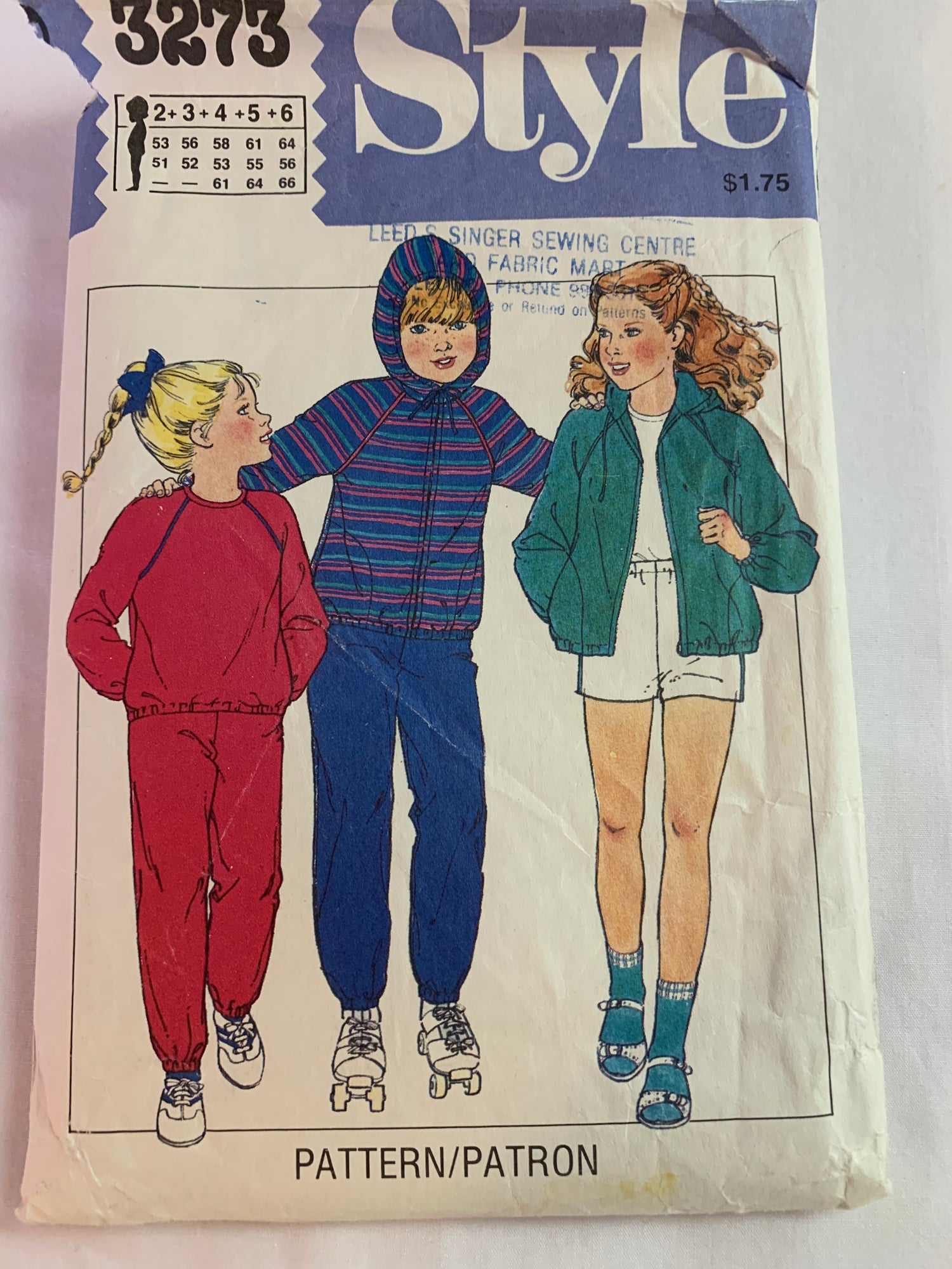 Style Sewing Pattern 3273 Girls' Unlined Jacket, Trousers, Shorts, Pullover Top, Long Raglan Sleeves, Zipper Front, Pockets, Hood, Elastic Waist, Size 2-6, Cut, Vintage 1980