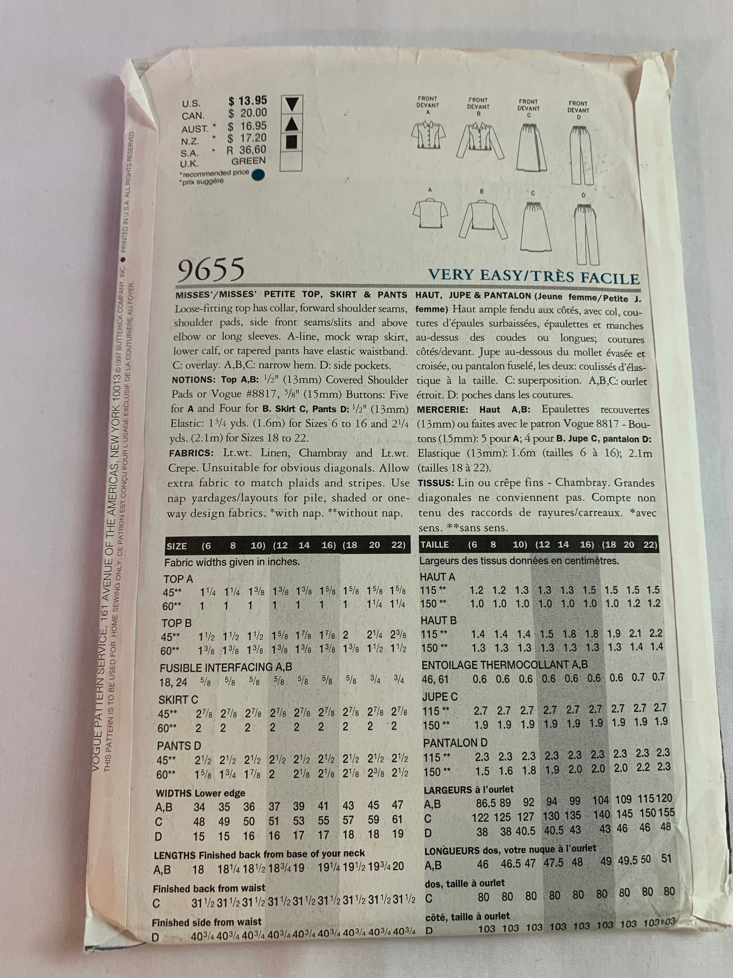 Vogue Sewing Pattern 9655 Misses'/Misses' Petite Top, Skirt, Pants, Loose-Fitting,Collar, Shoulder Pad, Tapered, Pockets, Size 6-10, Uncut, Vintage 1997