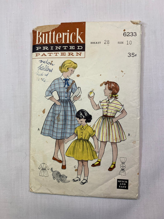 Butterick 6233 Girls' Dress, Size 10, Cut, Vintage 1959