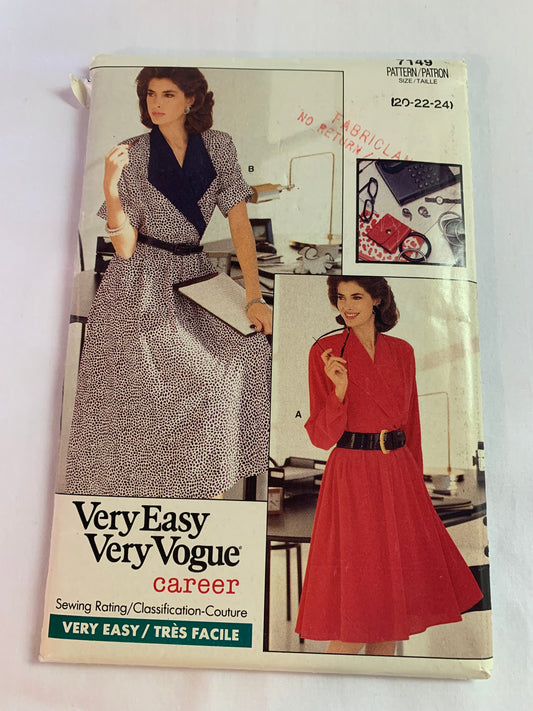 Vogue Sewing Pattern 7149 Misses' Dress, Long/Short Sleeves, Pockets, Pullover, Shoulder Pads, Loose-Fitting Flared Skirt, Half Size 20-24, Uncut, Vintage 1988