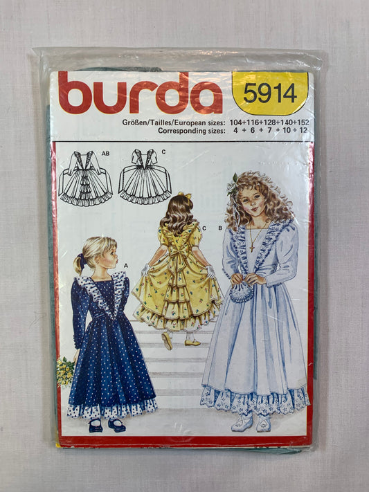 Burda Sewing Pattern 5914 Girls' Dress, 3 Variations, Long/Short Sleeves, Tie Back, Ruffles, Size 4-6, Cut, Vintage 1989