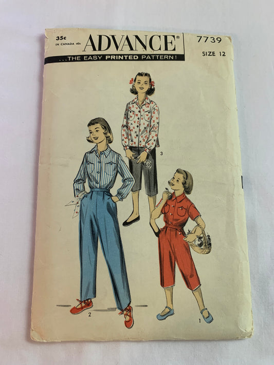 Advance Sewing Pattern 7739 Girls' Pants, Shorts, Pedal Pushers, Shirts, Long/Short Sleeves, Button Front, Pockets, Size 12, Cut, Vintage 1950