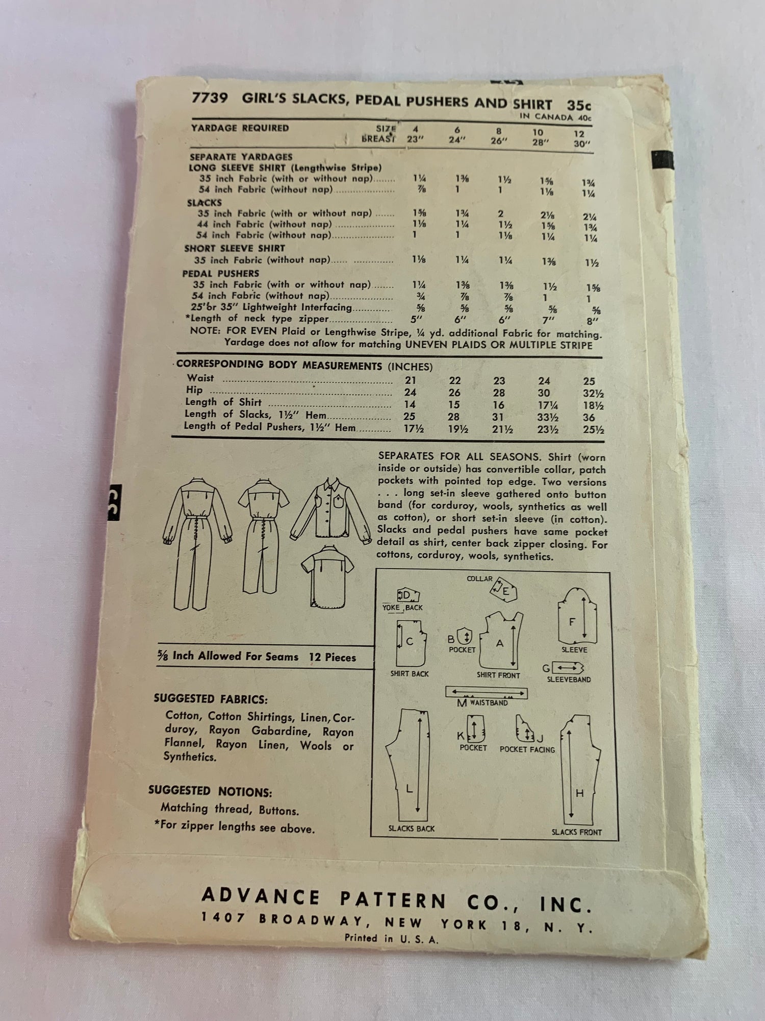 Advance Sewing Pattern 7739 Girls' Pants, Shorts, Pedal Pushers, Shirts, Long/Short Sleeves, Button Front, Pockets, Size 12, Cut, Vintage 1950