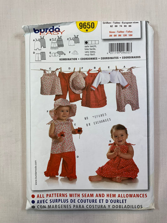 Burda Sewing Pattern 9650 Infant's Baby Rompers, Dress, Jacket, Top, Pants, Hat, Size 3-18 Months, Cut, 2015