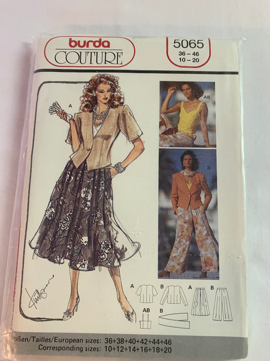 Burda Sewing Pattern 5065 Misses' Skirt, Jacket, Pants, Scarf, Long/Short Sleeves, Shoulder Straps, Full Skirt, Size 10-20, Uncut, 2000