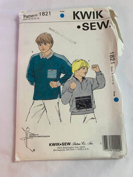 KWIK Sewing Pattern 1821 Boys' Shirts, Long Sleeves, Collar, Loose-Fitting, Cuffs, Pocket, Zipper Front, Size 8-14, Cut, Vintage 1989