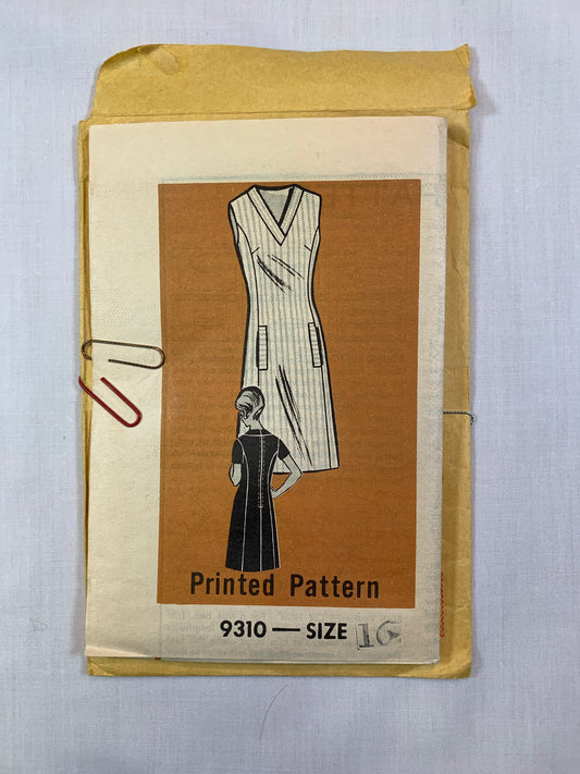 Mail Ordered Sewing Pattern 9310 Misses' Dress, Size 16, Cut, Vintage 1968