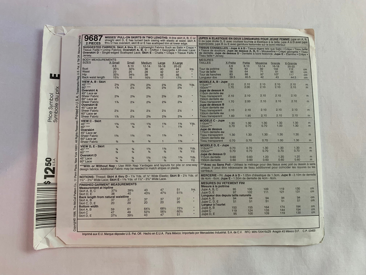McCall's Sewing Pattern 9687 Misses' Pull-On Skirt, Two Lengths, 5 Variations, Overskirt, Elastic Waist, Size 4-6, Uncut, Vintage 1998