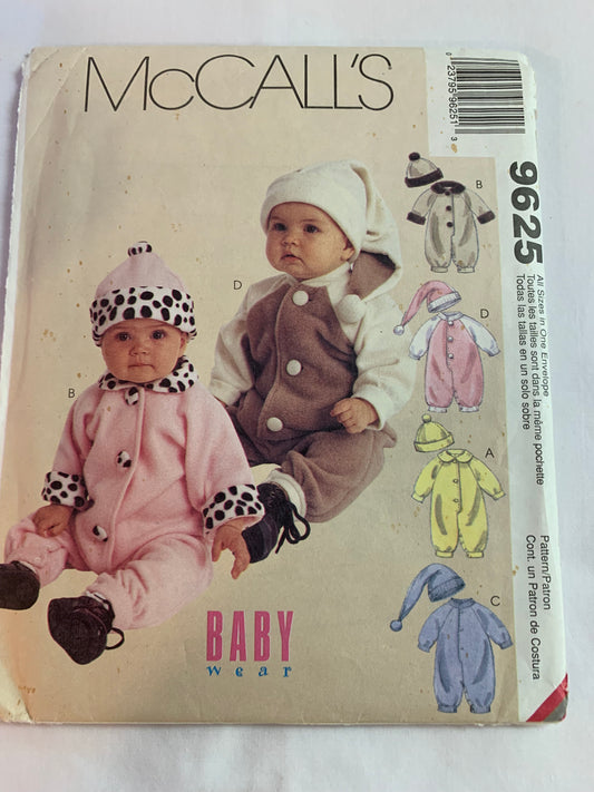 McCall's Sewing Pattern 9625 Infants' Jumpsuit, Snap Crotch, Hat, Baby, Stretch Knit Only, Collar, Size 13-24 Pounds, Cut, Vintage 1998