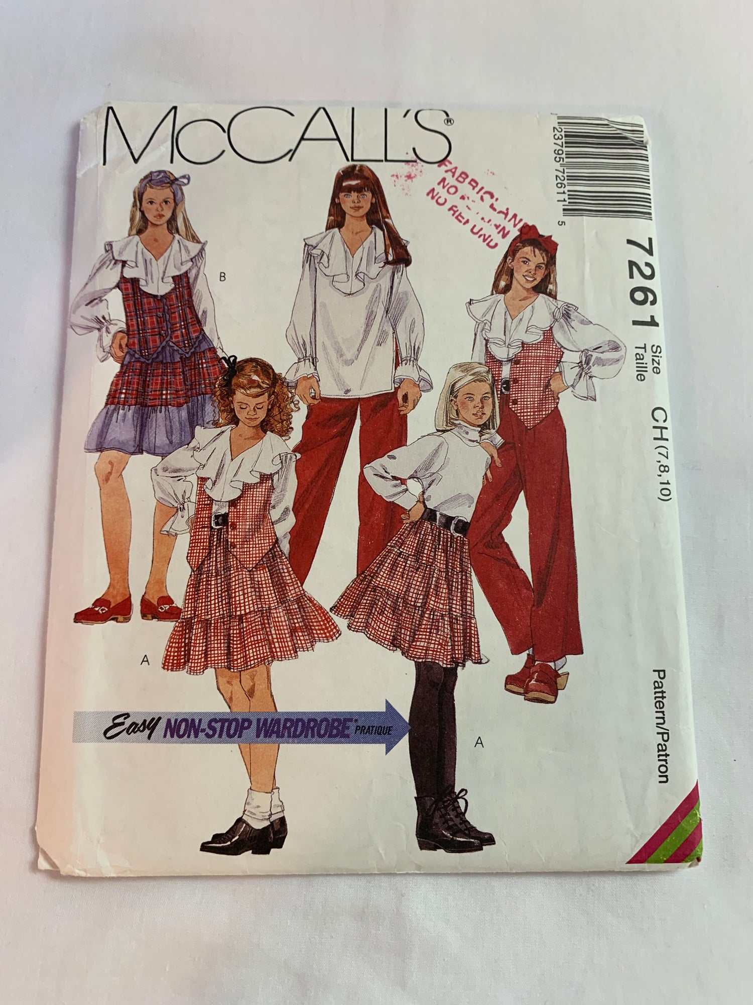 McCall's Sewing Pattern 7261 Girls' Pull-On Skirt, Blouse, Lined Vest, Pants, Button Front, Loose Fitting, Size 7-10, Cut, Vintage 1994